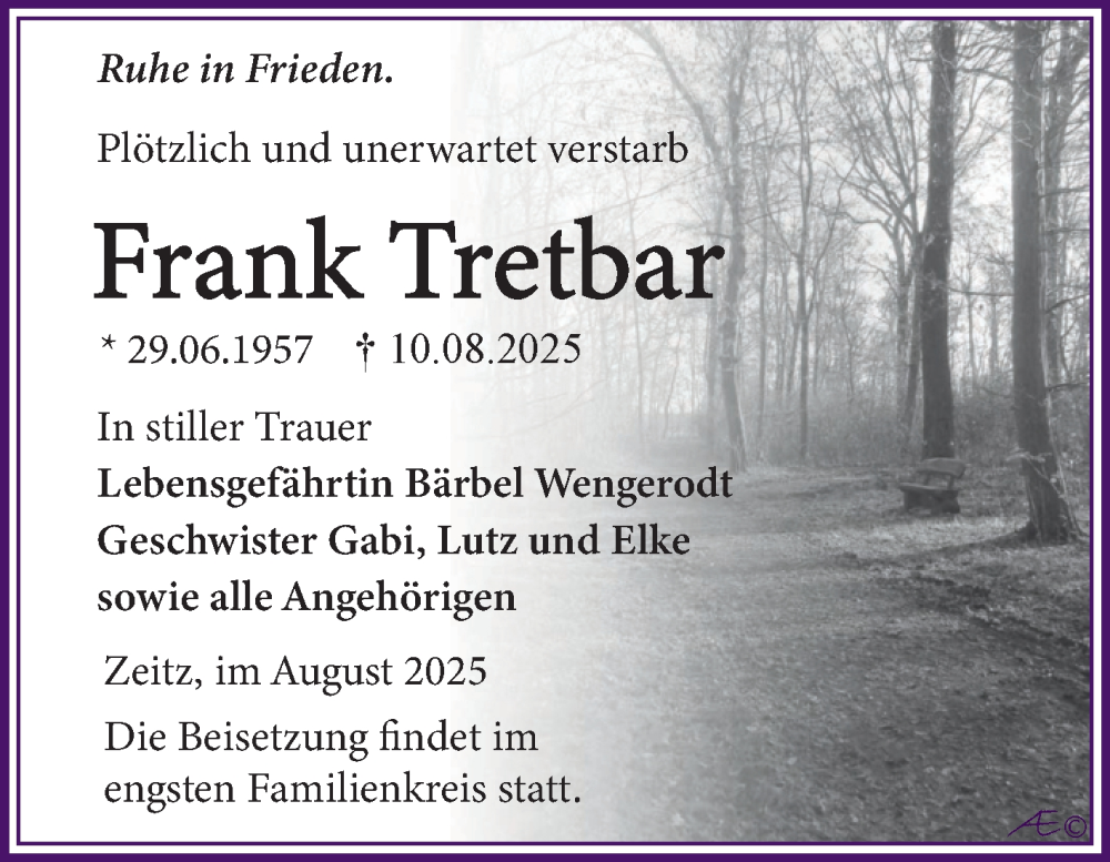  Traueranzeige für Frank Tretbar vom 23.08.2025 aus Trauerkombi Zeitz