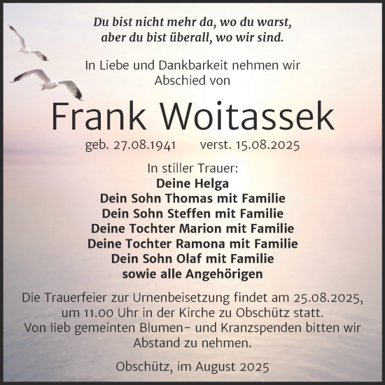 Traueranzeige von Frank Woitassek von Trauerkombi Weißenfels