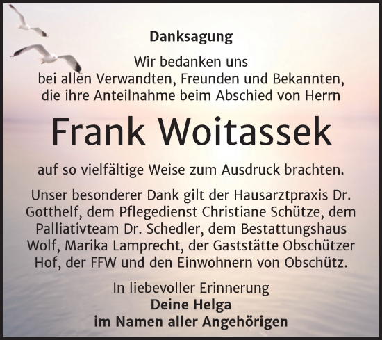 Traueranzeige von Frank Woitassek von Trauerkombi Weißenfels
