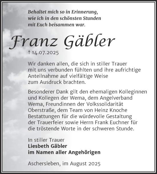Traueranzeige von Franz Gäbler von Trauerkombi Aschersleben