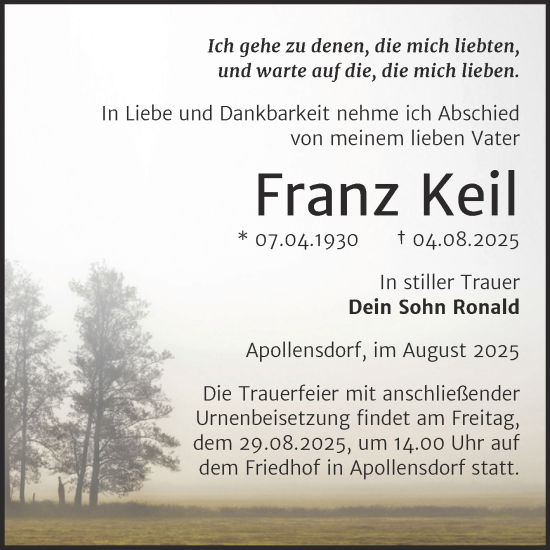 Traueranzeige von Franz Keil von Trauerkombi Wittenberg