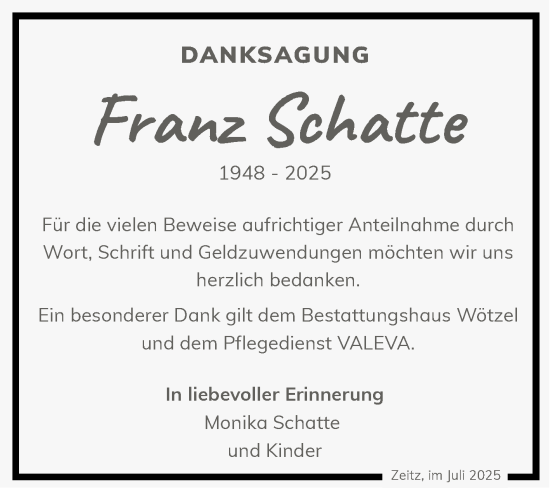 Traueranzeige von Franz Schatte von Trauerkombi Zeitz