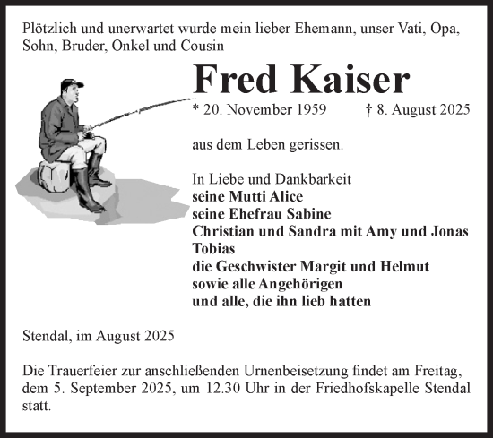 Traueranzeige von Fred Kaiser von Volksstimme Altmark Ost