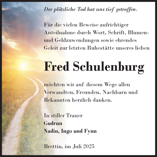 Traueranzeige von Fred Schulenburg von Volksstimme Burg/Genthin