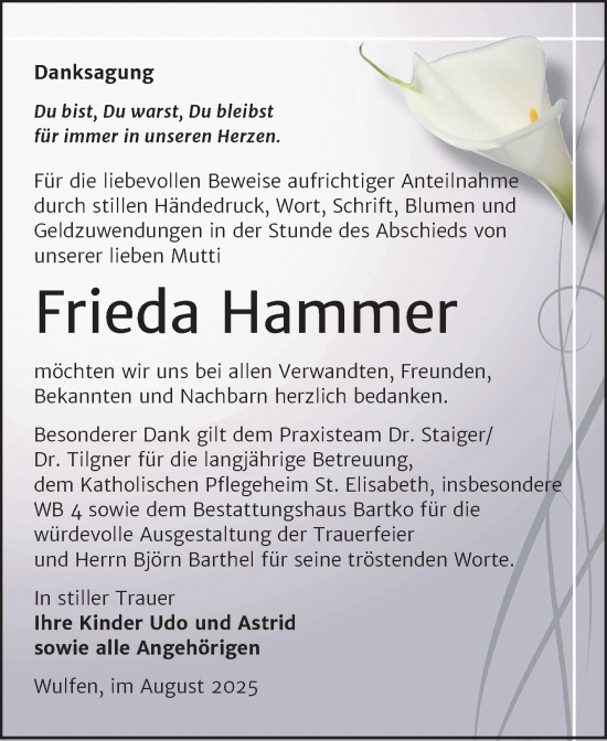 Traueranzeige von Frieda Hammer von Trauerkombi Köthen