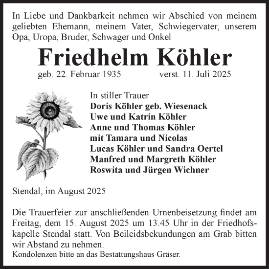 Traueranzeige von Friedhelm Köhler von Volksstimme Altmark West