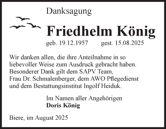 Traueranzeige von Friedhelm König von Volksstimme Schönebeck