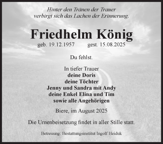 Traueranzeige von Friedhelm König von Volksstimme Schönebeck