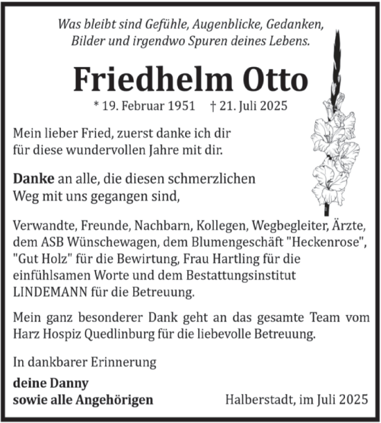 Traueranzeige von Friedhelm Otto von Volksstimme Halberstadt