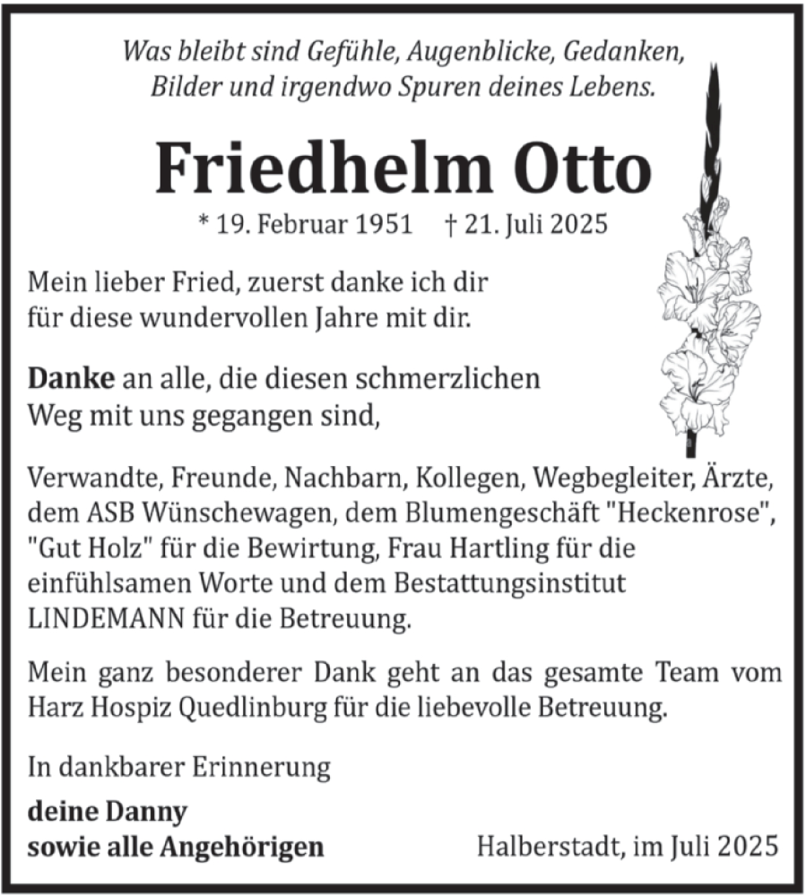  Traueranzeige für Friedhelm Otto vom 09.08.2025 aus Volksstimme Halberstadt