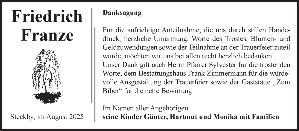  Traueranzeige für Friedrich Franze vom 30.08.2025 aus Volksstimme Zerbst