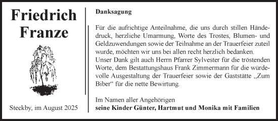 Traueranzeige von Friedrich Franze von Volksstimme Zerbst