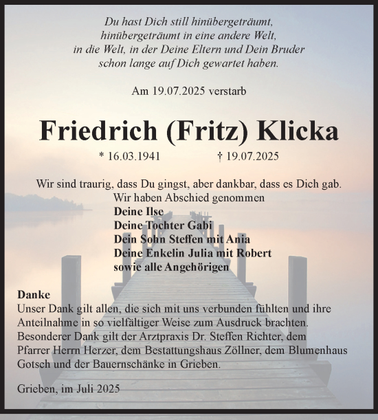 Traueranzeige von Friedrich Klicka von Volksstimme Altmark Ost