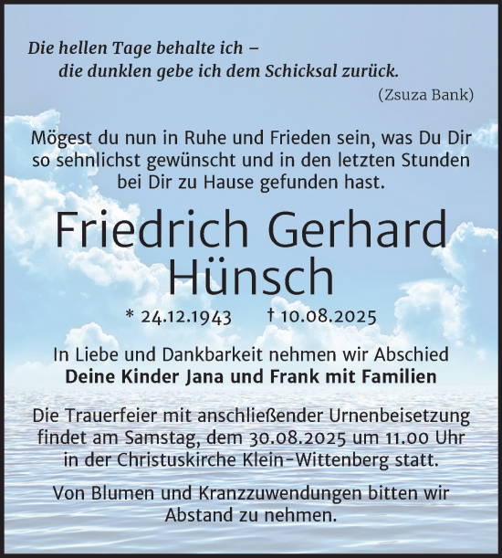 Traueranzeige von Friedrich Gerhard Hünsch von Trauerkombi Wittenberg
