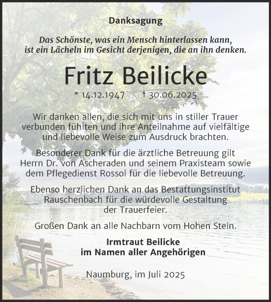 Traueranzeige von Fritz Beilicke von Naumburger Tageblatt