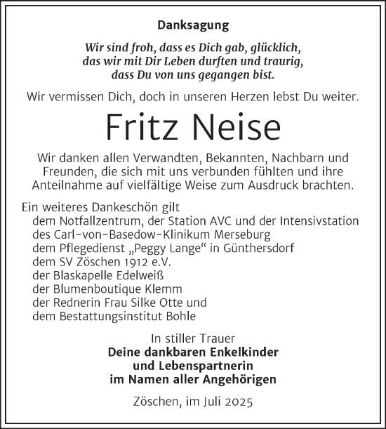 Traueranzeige von Fritz Neise von Trauerkombi Merseburg
