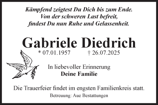 Traueranzeige von Gabriele Diedrich von Volksstimme Magdeburg