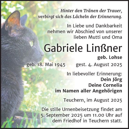 Traueranzeige von Gabriele Linßner von Trauerkombi Weißenfels