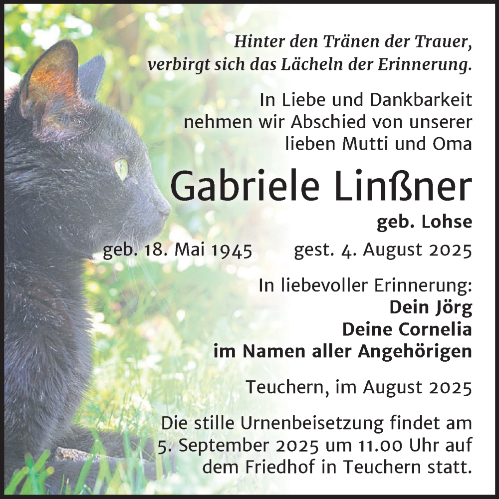  Traueranzeige für Gabriele Linßner vom 16.08.2025 aus Trauerkombi Weißenfels