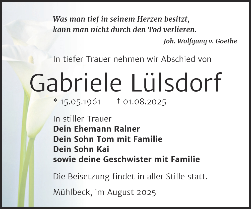  Traueranzeige für Gabriele Lülsdorf vom 09.08.2025 aus Trauerkombi Bitterfeld