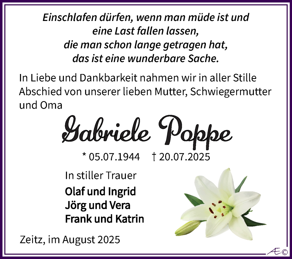  Traueranzeige für Gabriele Poppe vom 02.08.2025 aus Trauerkombi Zeitz