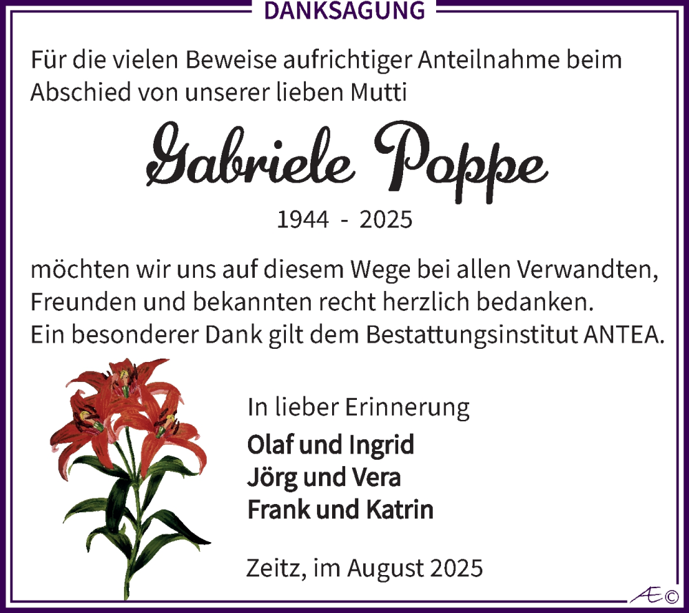  Traueranzeige für Gabriele Poppe vom 16.08.2025 aus Trauerkombi Zeitz