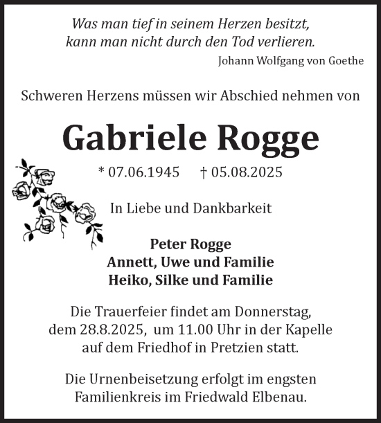 Traueranzeige von Gabriele Rogge von Volksstimme Schönebeck