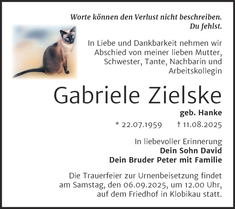  Traueranzeige für Gabriele Zielske vom 23.08.2025 aus Trauerkombi Merseburg