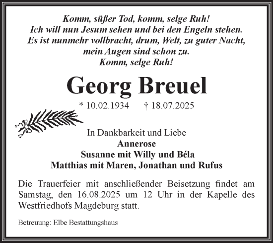 Traueranzeige von Georg Breuel von Volksstimme Magdeburg