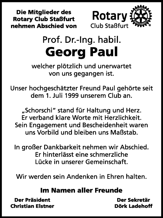 Traueranzeige von Georg   Paul von Volksstimme Staßfurt