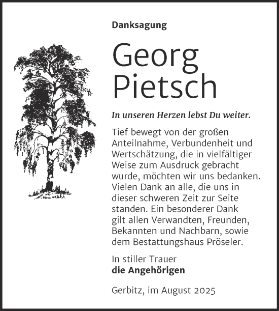 Traueranzeige von Georg Pietsch von Trauerkombi Bernburg