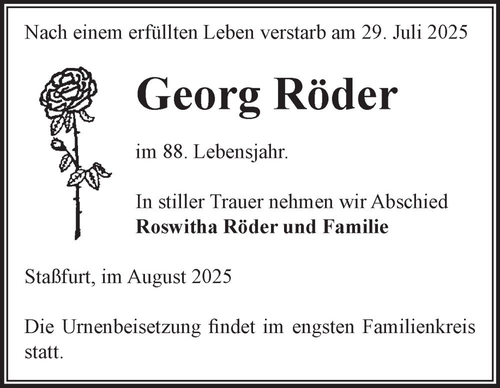  Traueranzeige für Georg Röder vom 09.08.2025 aus 