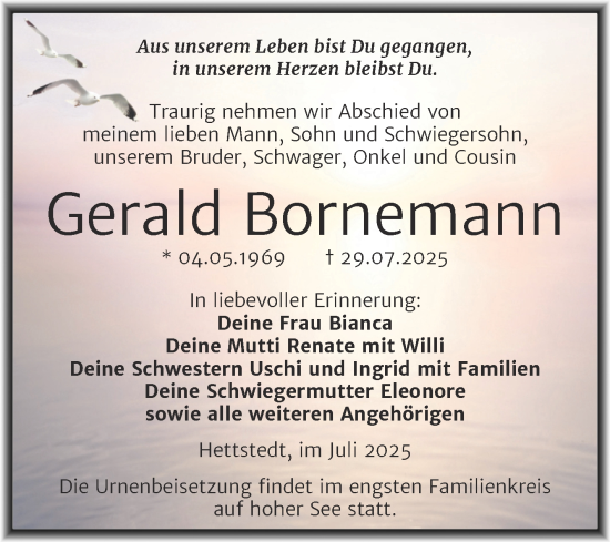 Traueranzeige von Gerald Bornemann von Trauerkombi Mansfelder Land