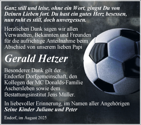 Traueranzeige von Gerald Hetzer von Trauerkombi Quedlinburg