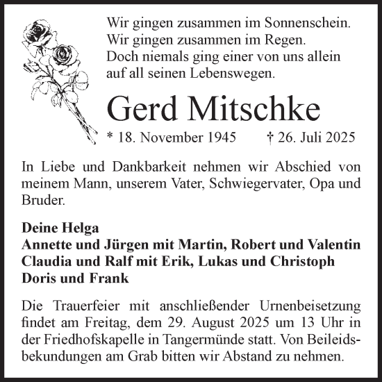 Traueranzeige von Gerd Mitschke von Volksstimme Altmark Ost