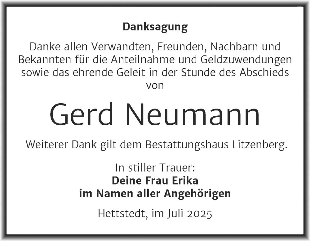  Traueranzeige für Gerd Neumann vom 16.08.2025 aus Trauerkombi Mansfelder Land