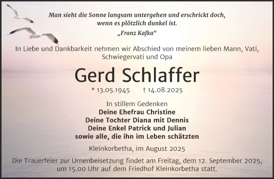 Traueranzeige von Gerd Schlaffer von Trauerkombi Weißenfels