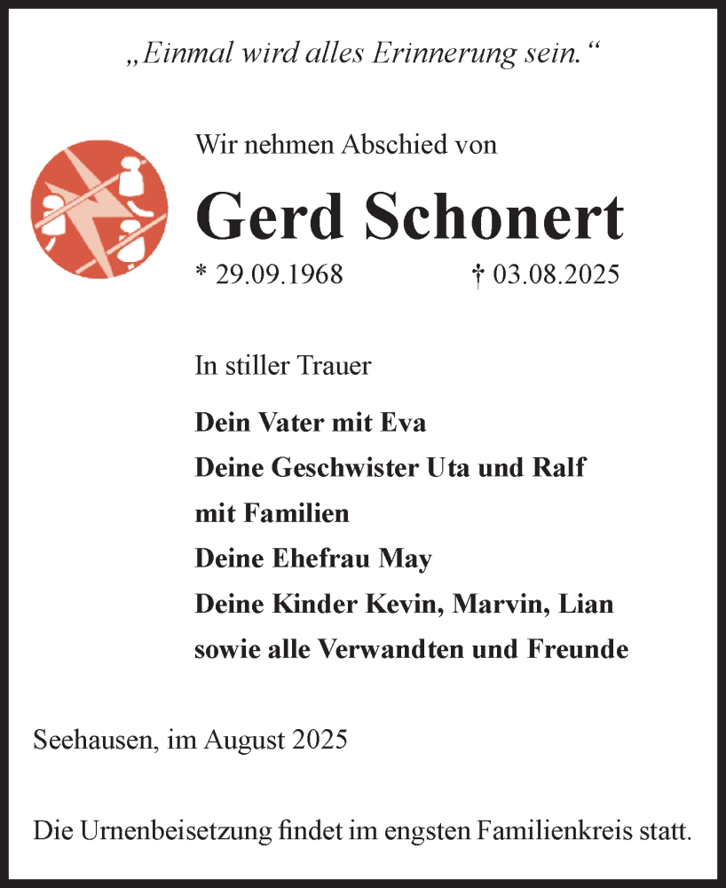  Traueranzeige für Gerd Schonert vom 09.08.2025 aus Volksstimme Altmark Ost