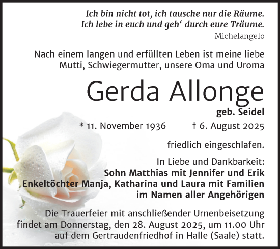 Traueranzeige von Gerda Allonge von Mitteldeutsche Zeitung Halle/Saalkreis