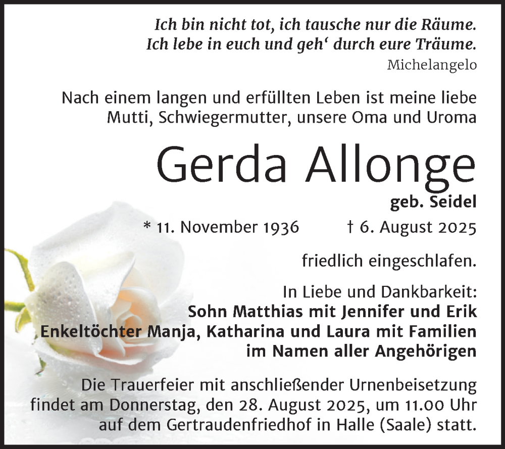  Traueranzeige für Gerda Allonge vom 16.08.2025 aus Mitteldeutsche Zeitung Halle/Saalkreis