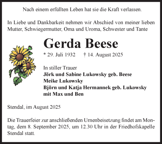 Traueranzeige von Gerda Beese von Volksstimme Altmark Ost
