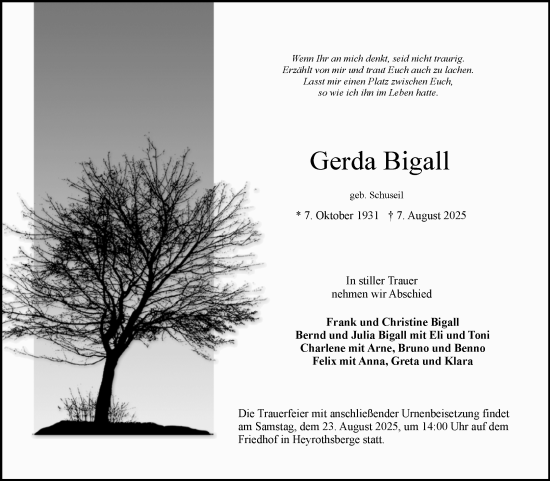 Traueranzeige von Gerda Bigall von Volksstimme Burg/Genthin