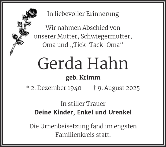 Traueranzeige von Gerda Hahn von Super Sonntag Köthen