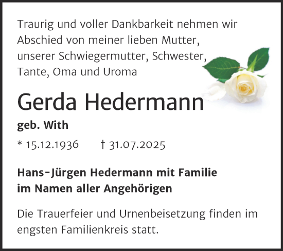 Traueranzeige von Gerda Hedermann von Trauerkombi Aschersleben
