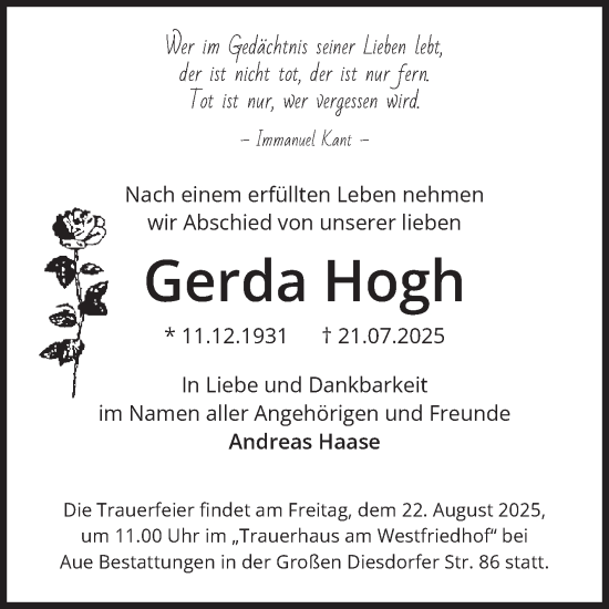 Traueranzeige von Gerda Hogh von Volksstimme Magdeburg