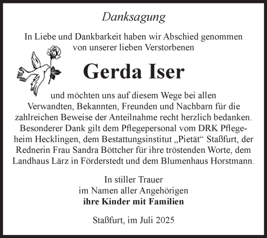 Traueranzeige von Gerda Iser 