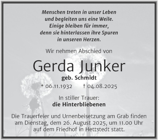 Traueranzeige von Gerda Junker von Mitteldeutsche Zeitung Mansfelder Land
