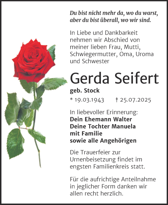 Traueranzeige von Gerda Seifert von Trauerkombi Mansfelder Land