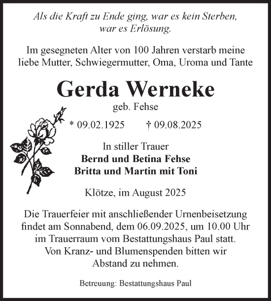 Traueranzeige von Gerda Werneke von Volksstimme Altmark West
