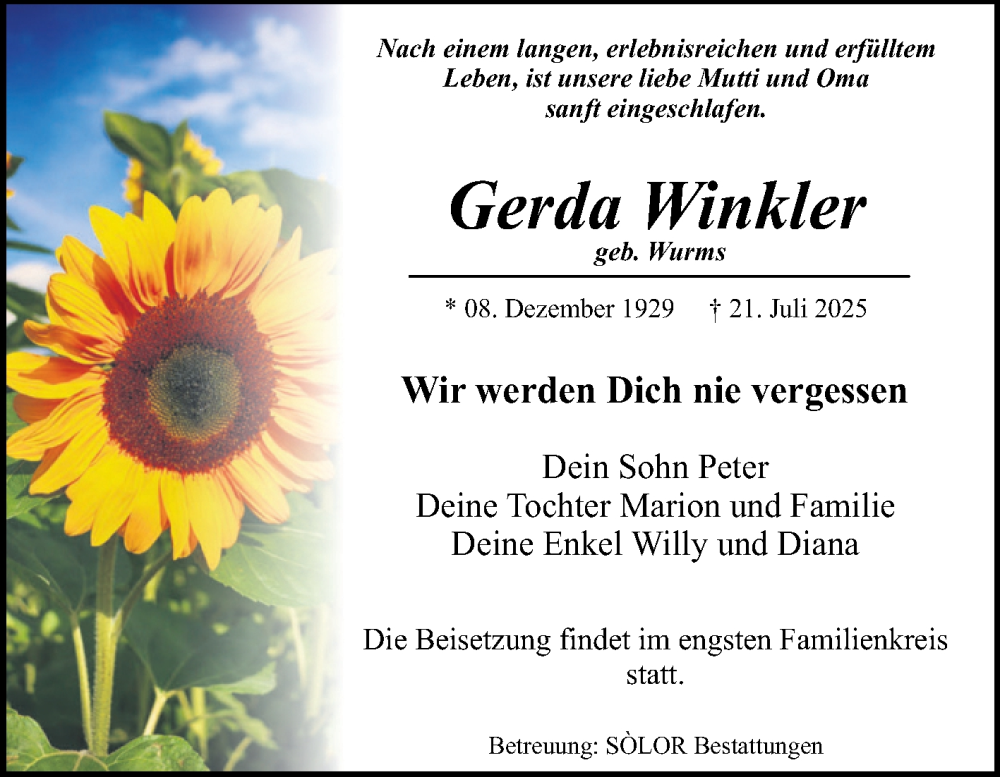  Traueranzeige für Gerda Winkler vom 02.08.2025 aus Volksstimme Magdeburg